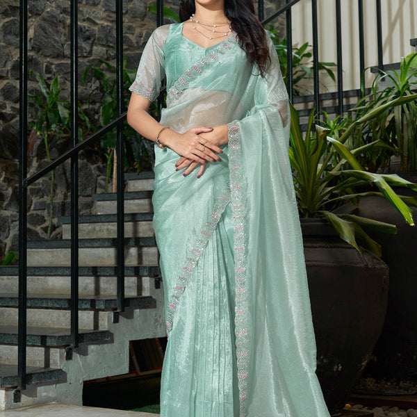 NOZ2TOZ Women's Organza Sea Green Embellished Designer Saree With Blouse Piece - Distacart