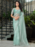 Thumbnail for NOZ2TOZ Women's Organza Sea Green Embellished Designer Saree With Blouse Piece - Distacart