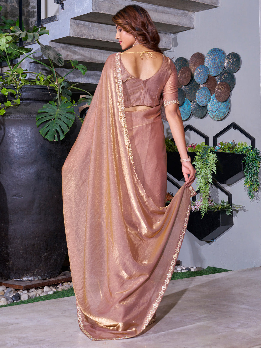 NOZ2TOZ Women's Pure Chiffon Brown Embellished Designer Saree With Blouse Piece - Distacart