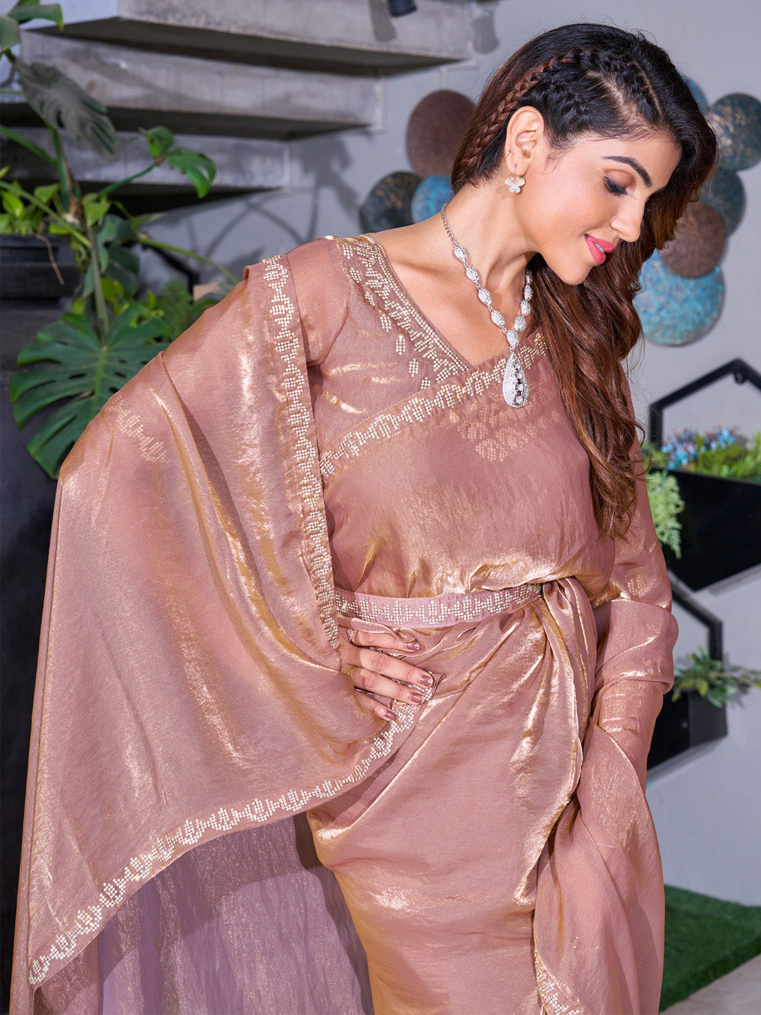 NOZ2TOZ Women's Pure Chiffon Brown Embellished Designer Saree With Blouse Piece - Distacart