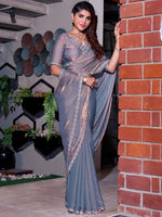 Thumbnail for NOZ2TOZ Women's Pure Chiffon Violet Embellished Designer Saree With Blouse Piece - Distacart