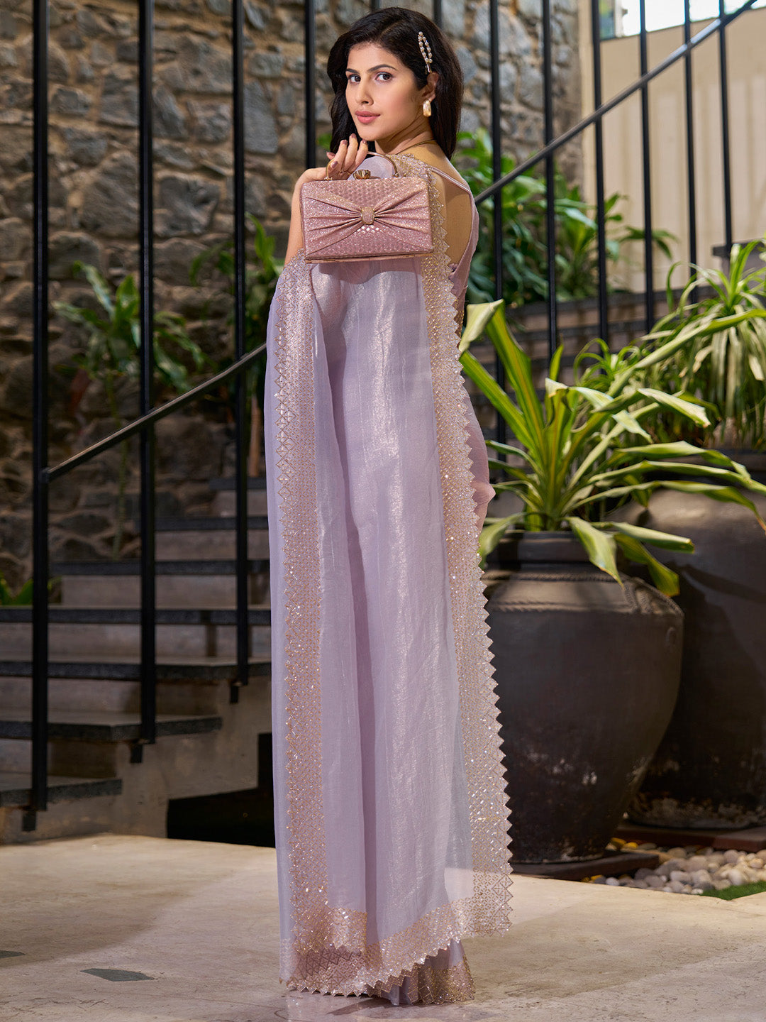 NOZ2TOZ Women's Organza Lavender Embellished Designer Saree With Blouse Piece - Distacart