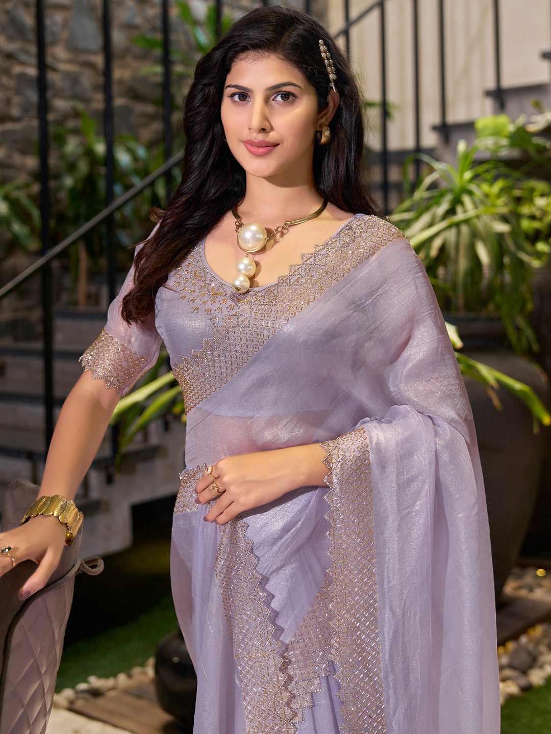NOZ2TOZ Women's Organza Lavender Embellished Designer Saree With Blouse Piece - Distacart