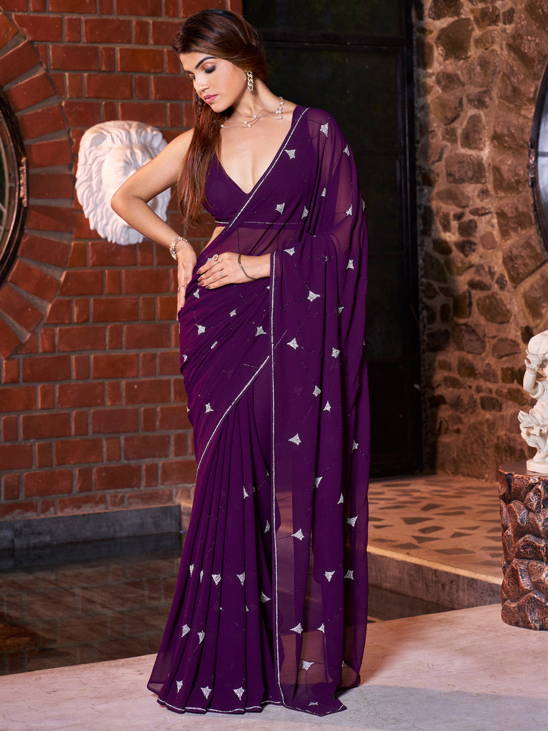 NOZ2TOZ Women's Pure Georgette Purple Embellished Designer Saree With Blouse Piece - Distacart