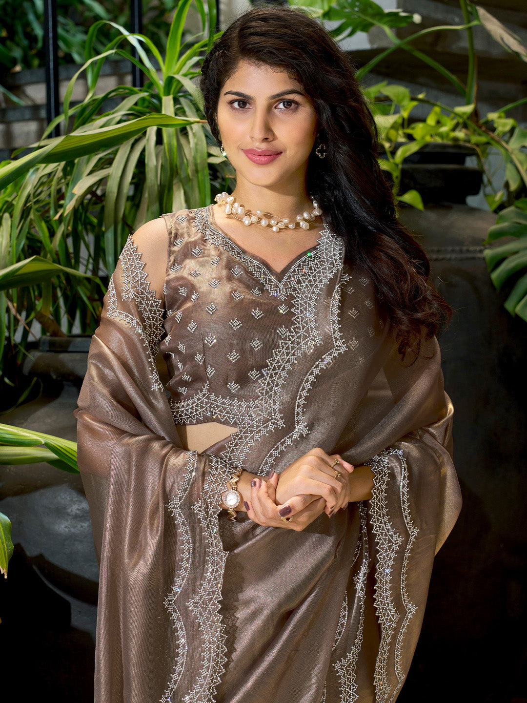 NOZ2TOZ Women's Organza Brown Embellished Designer Saree With Blouse Piece - Distacart