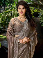Thumbnail for NOZ2TOZ Women's Organza Brown Embellished Designer Saree With Blouse Piece - Distacart