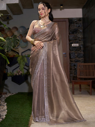 NOZ2TOZ Women's Organza Brown Embellished Designer Saree With Blouse Piece - Distacart
