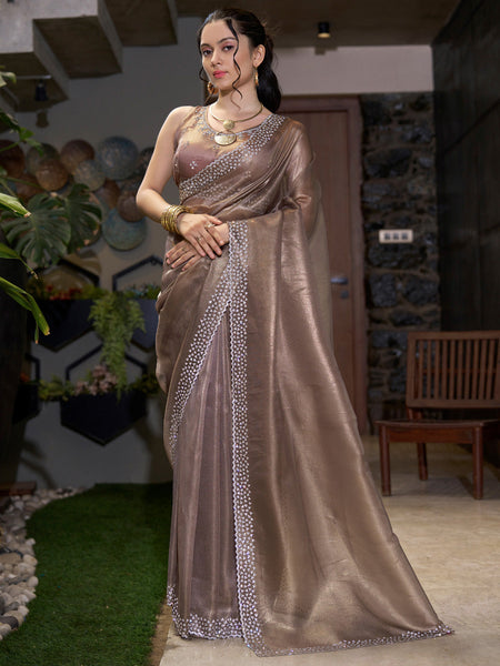 NOZ2TOZ Women's Organza Brown Embellished Designer Saree With Blouse Piece - Distacart