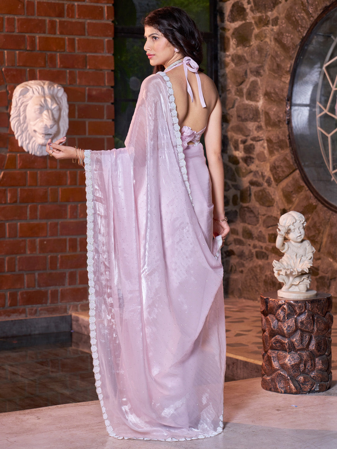 NOZ2TOZ Women's Satin Silk Pink Embellished Designer Saree With Blouse Piece - Distacart