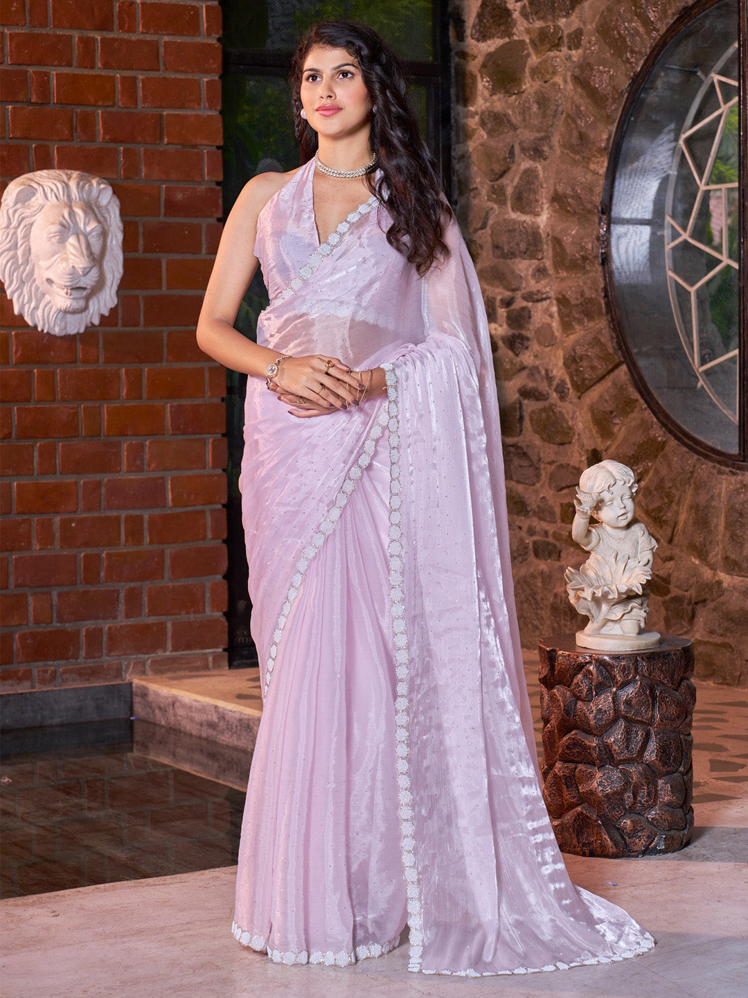 NOZ2TOZ Women's Satin Silk Pink Embellished Designer Saree With Blouse Piece - Distacart