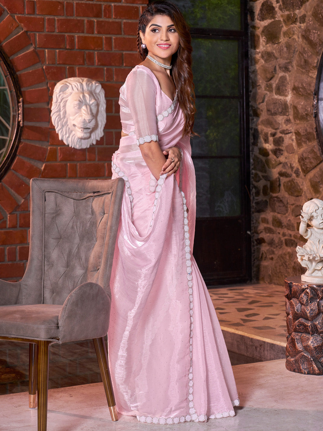 NOZ2TOZ Women's Satin Silk Pink Embellished Designer Saree With Blouse Piece - Distacart