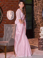 Thumbnail for NOZ2TOZ Women's Satin Silk Pink Embellished Designer Saree With Blouse Piece - Distacart