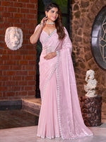 Thumbnail for NOZ2TOZ Women's Satin Silk Pink Embellished Designer Saree With Blouse Piece - Distacart