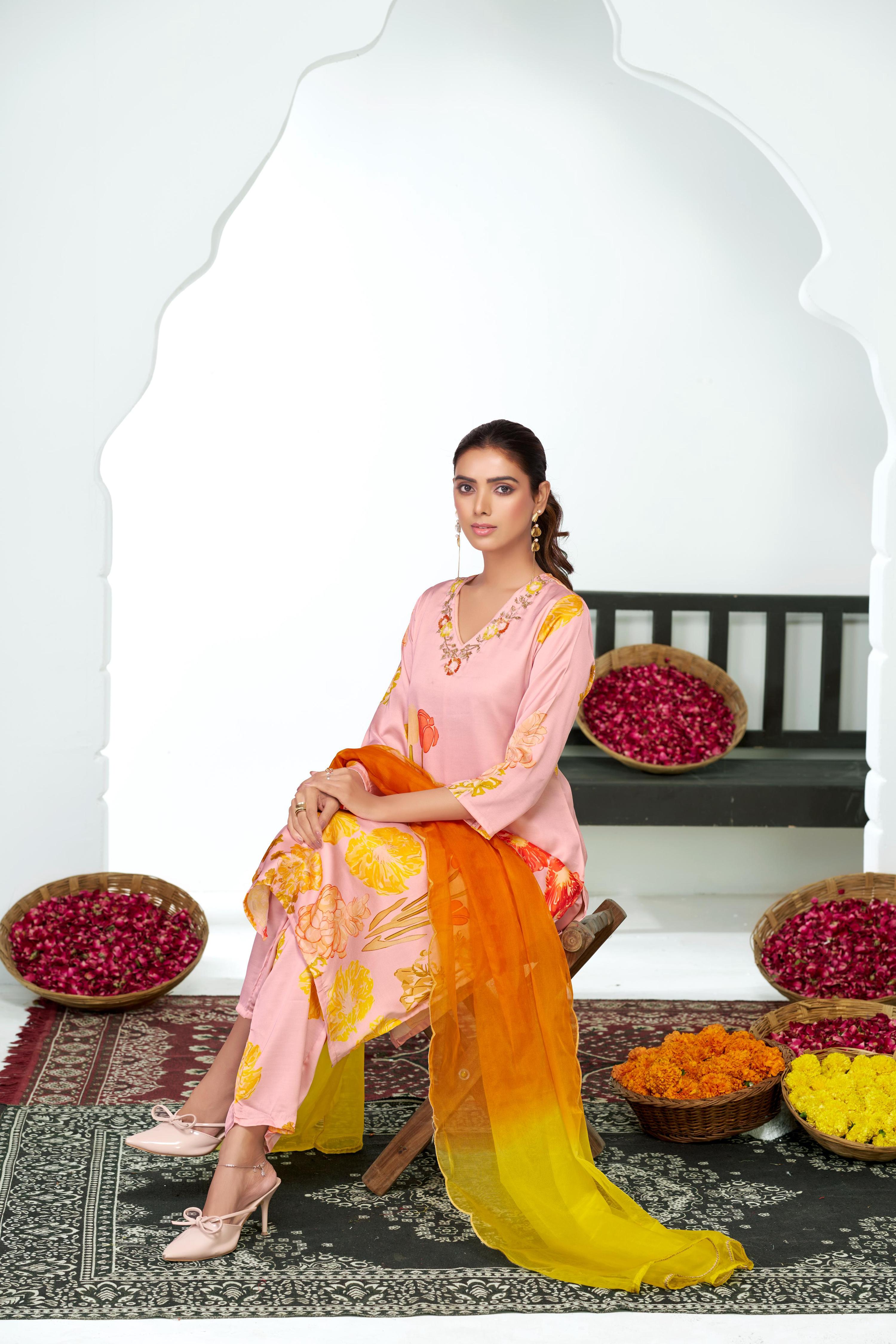 BulBul Malaika Silk Pink Kurta Set with Dupatta