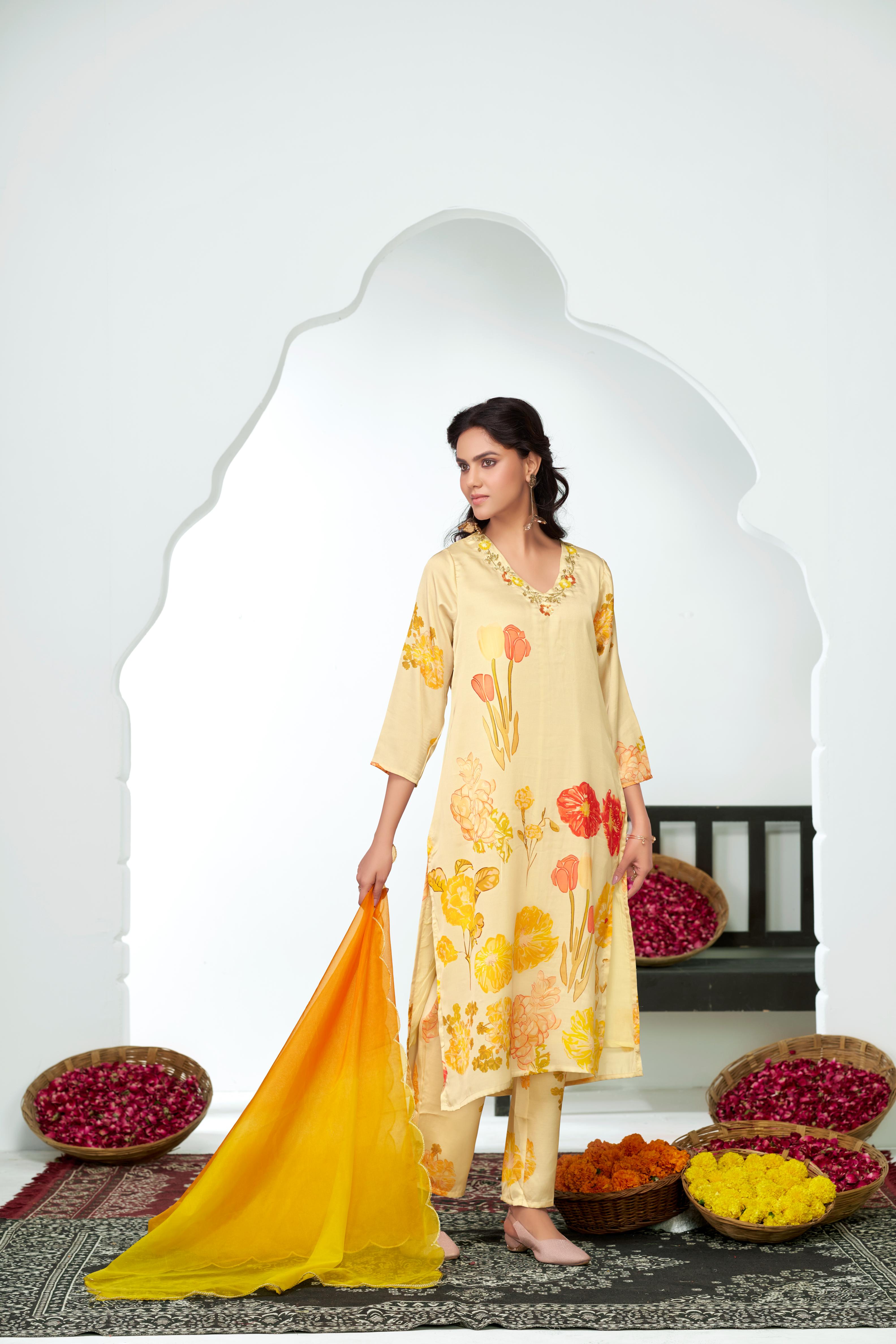 BulBul Malaika Silk White Kurta Set with Dupatta