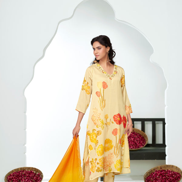 BulBul Malaika Silk White Kurta Set with Dupatta