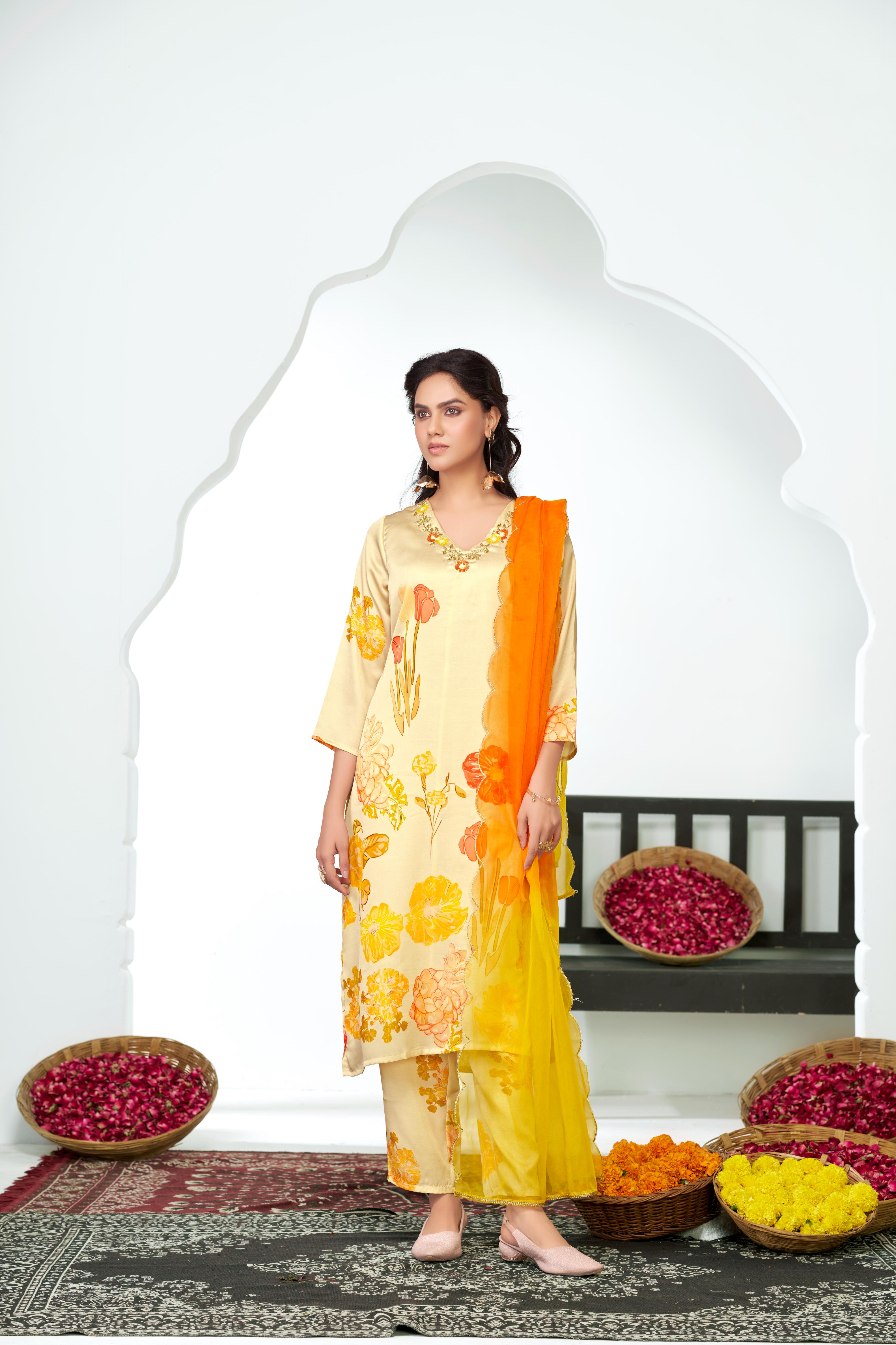 BulBul Malaika Silk White Kurta Set with Dupatta