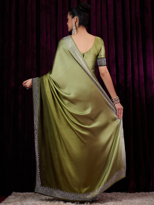 NOZ2TOZ Women's Satin Silk Olive Embellished Designer Saree With Blouse Piece - Distacart