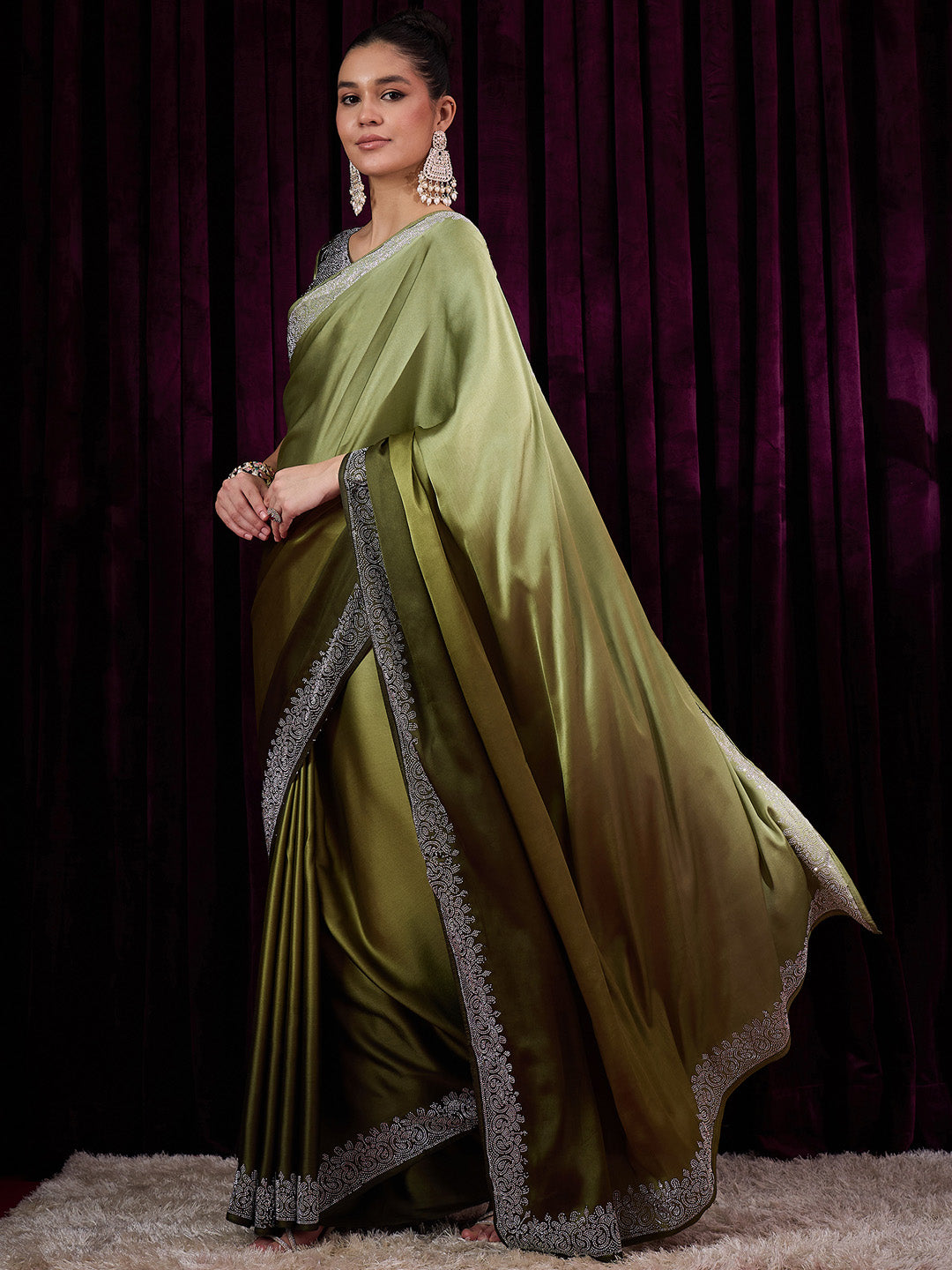 NOZ2TOZ Women's Satin Silk Olive Embellished Designer Saree With Blouse Piece - Distacart