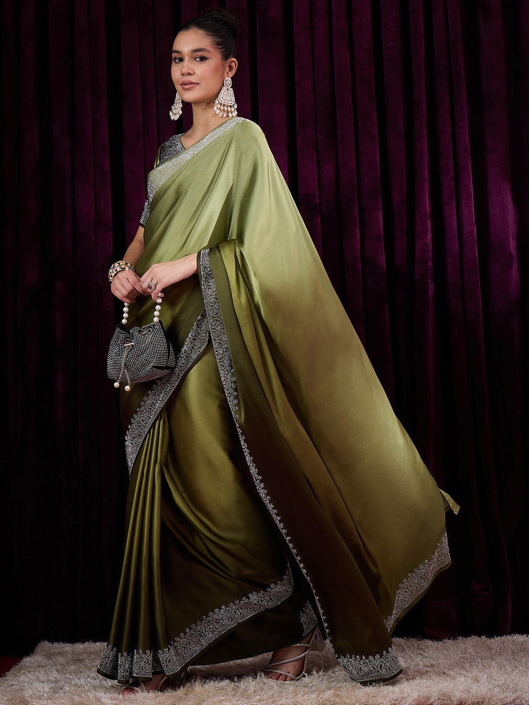 NOZ2TOZ Women's Satin Silk Olive Embellished Designer Saree With Blouse Piece - Distacart