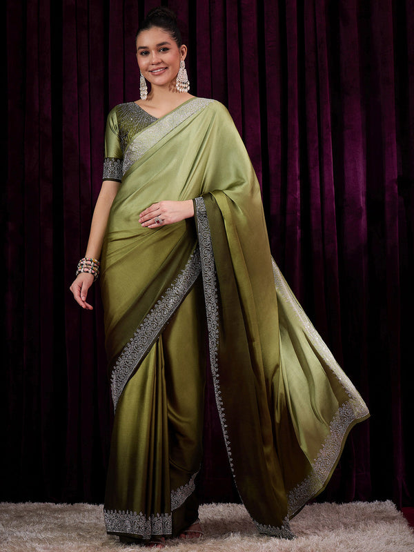 NOZ2TOZ Women's Satin Silk Olive Embellished Designer Saree With Blouse Piece - Distacart