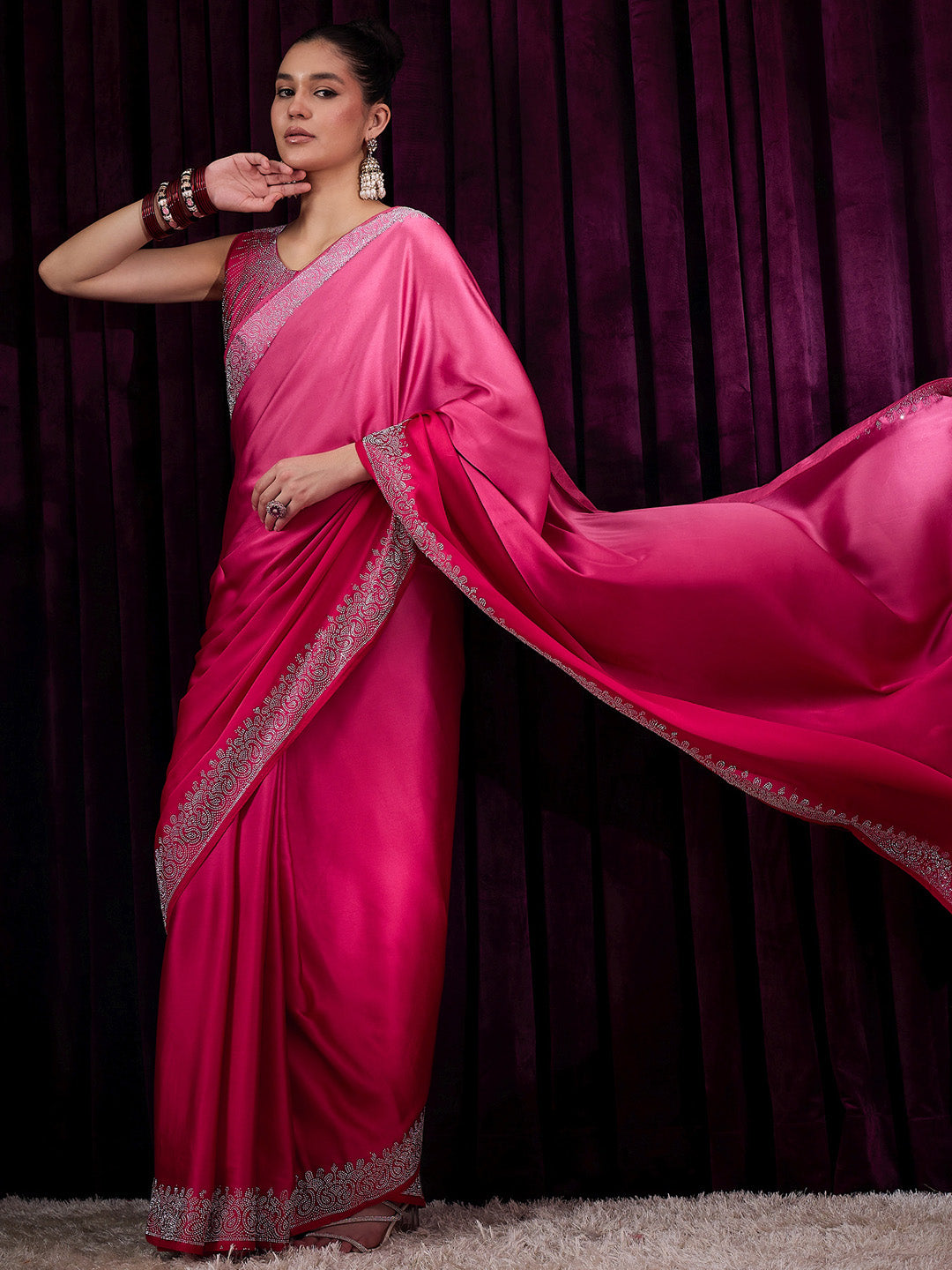 NOZ2TOZ Women's Satin Silk Pink Embellished Designer Saree With Blouse Piece - Distacart