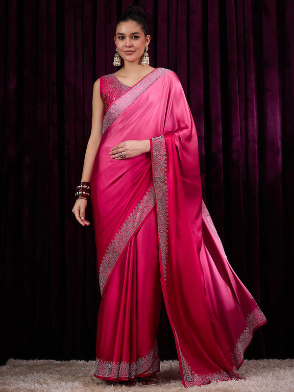 NOZ2TOZ Women's Satin Silk Pink Embellished Designer Saree With Blouse Piece - Distacart