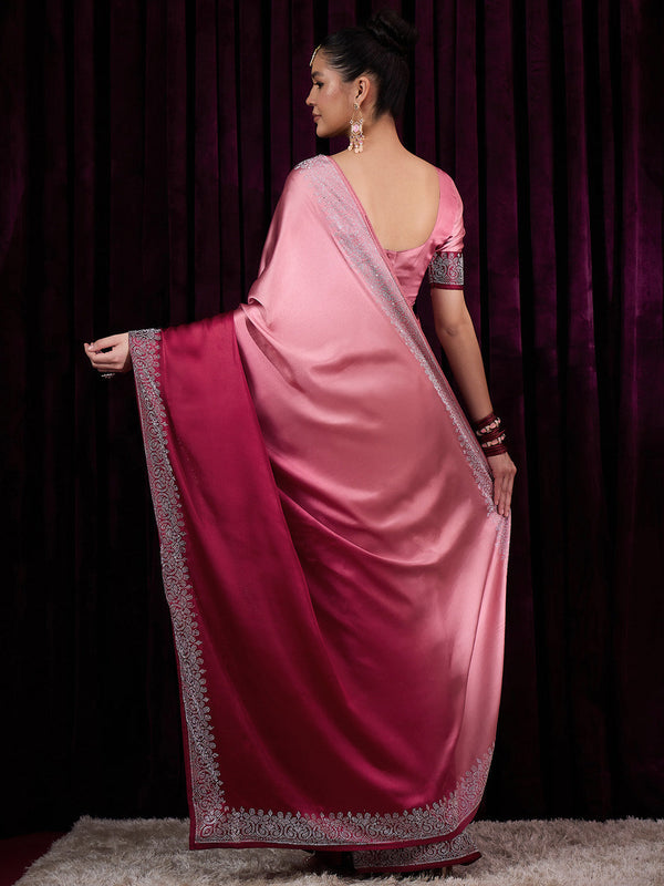 NOZ2TOZ Women's Satin Silk Pink Embellished Designer Saree With Blouse Piece - Distacart