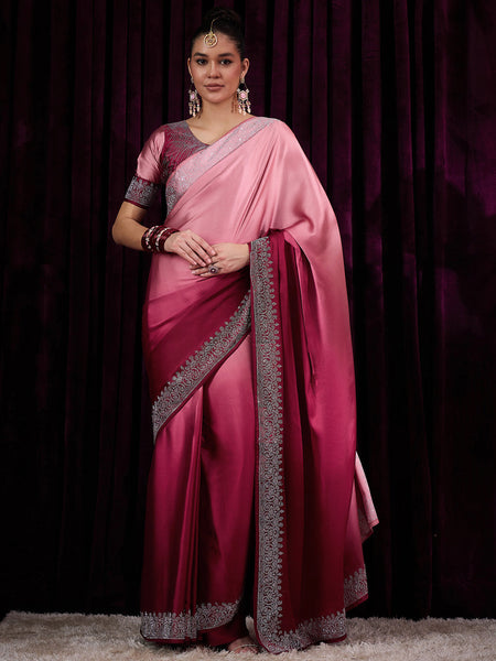 NOZ2TOZ Women's Satin Silk Pink Embellished Designer Saree With Blouse Piece - Distacart