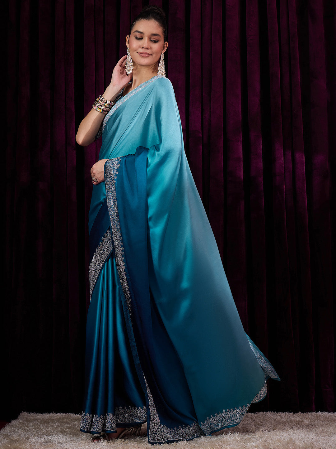 NOZ2TOZ Women's Satin Silk Blue Embellished Designer Saree With Blouse Piece - Distacart