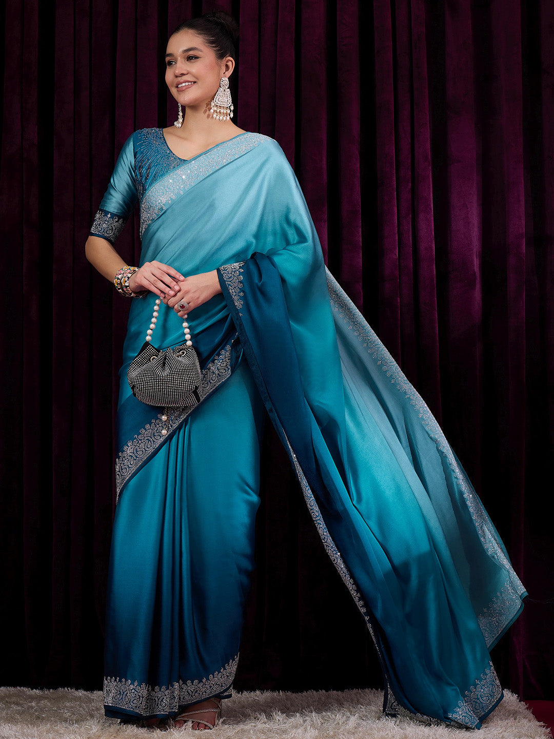 NOZ2TOZ Women's Satin Silk Blue Embellished Designer Saree With Blouse Piece - Distacart