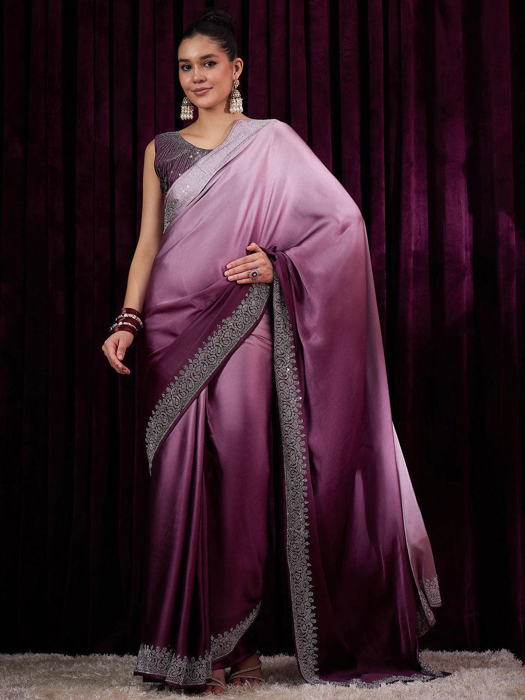 NOZ2TOZ Women's Satin Silk Magenta Embellished Designer Saree With Blouse Piece - Distacart