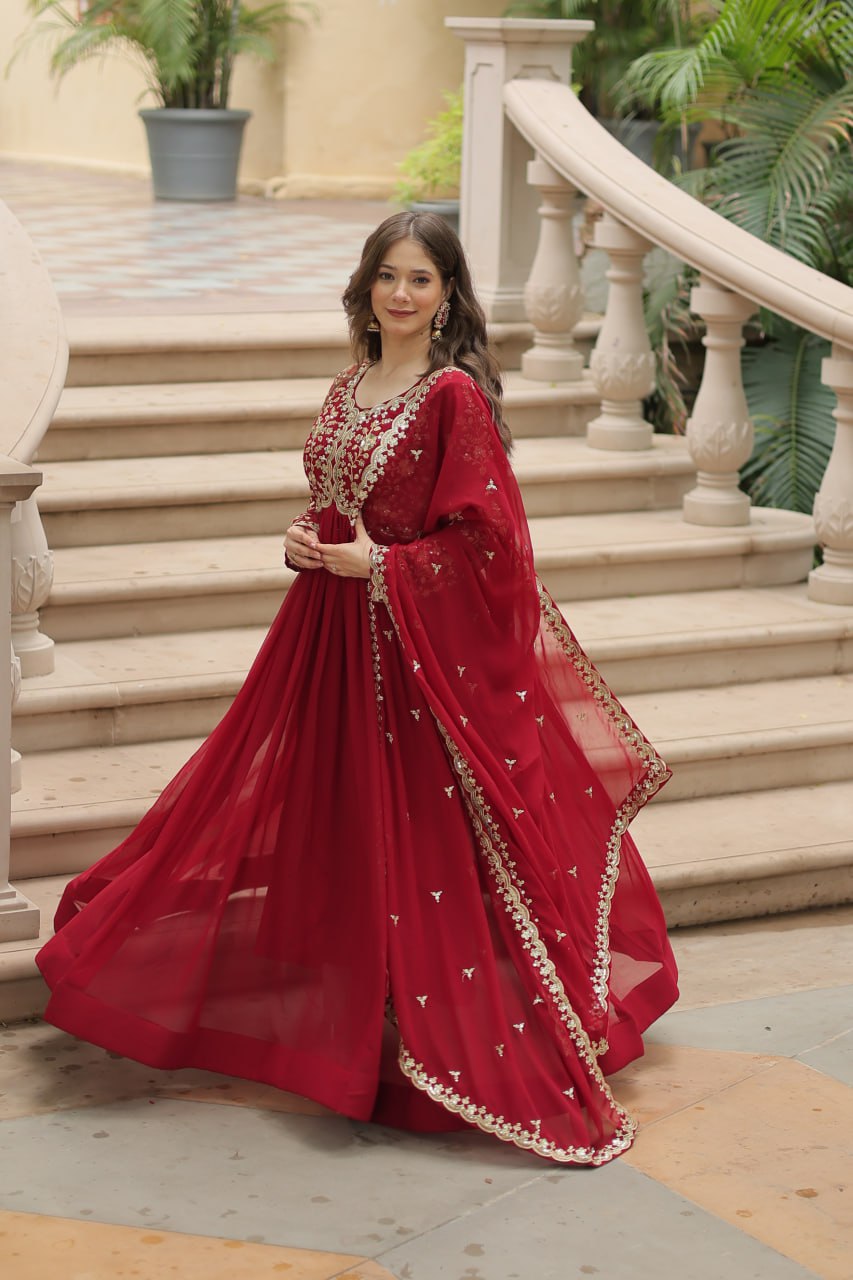 Evanik Maroon Faux Blooming Gown With Dupatta With Sequins-Multi & Zari Embroidered Work