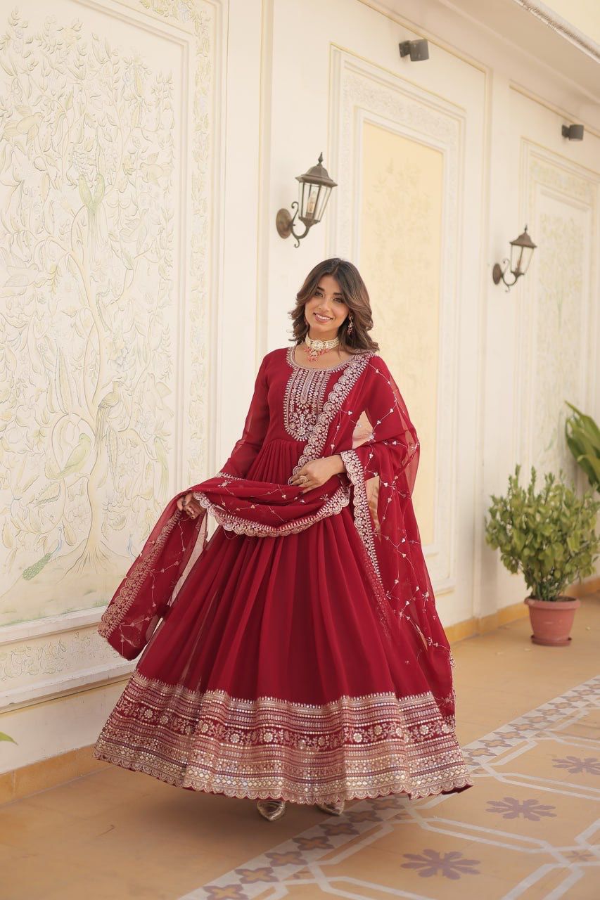 Evanik Red Faux Blooming Gown with Dupatta With Attractive Embroidered Sequins work