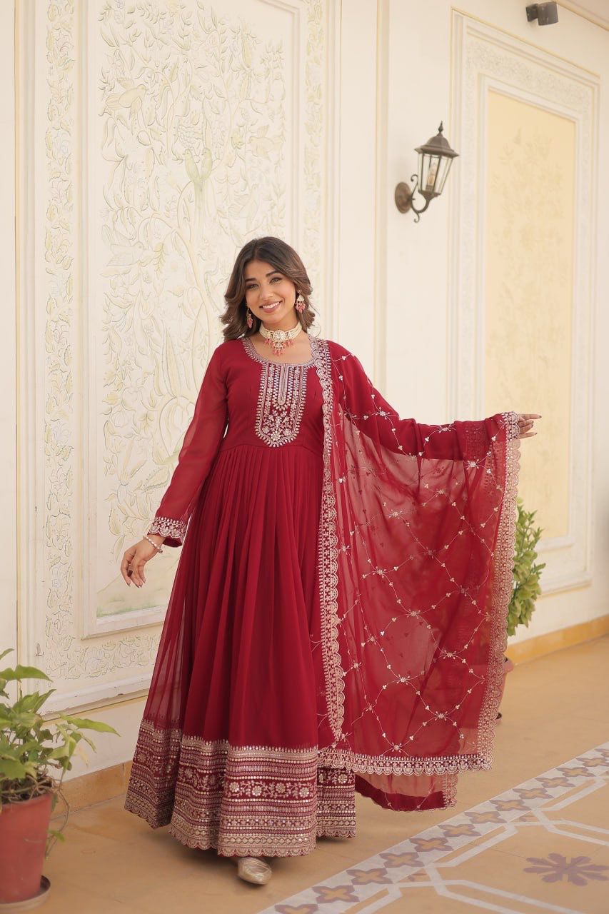 Evanik Red Faux Blooming Gown with Dupatta With Attractive Embroidered Sequins work