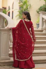Thumbnail for Evanik Maroon Faux Blooming Gown With Dupatta With Sequins-Multi & Zari Embroidered Work