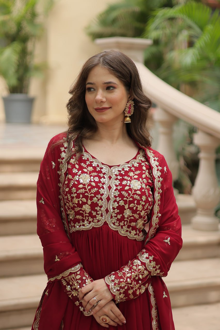 Evanik Maroon Faux Blooming Gown With Dupatta With Sequins-Multi & Zari Embroidered Work