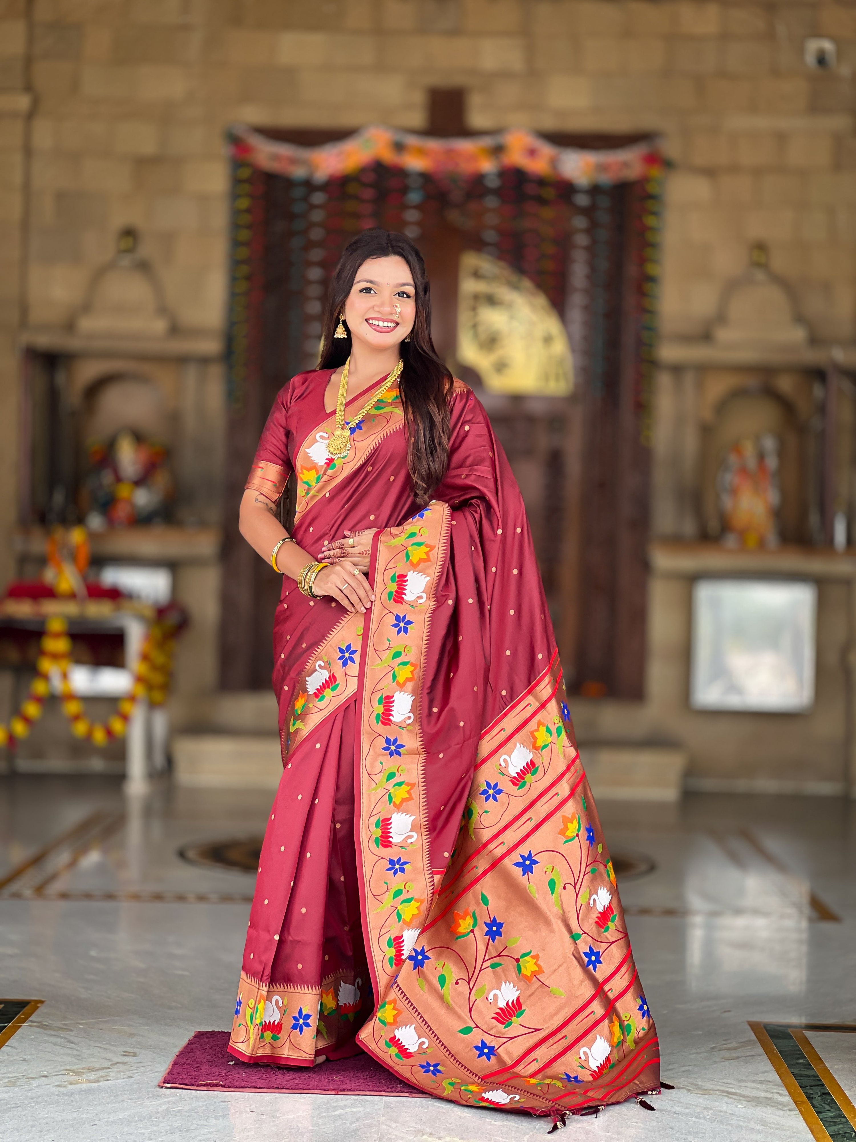 Mameraa Sarees Coffee Faux Banarasi Silk Saree With Paithani Rich Weaved Pallu And Blouse-Maroon - Dista