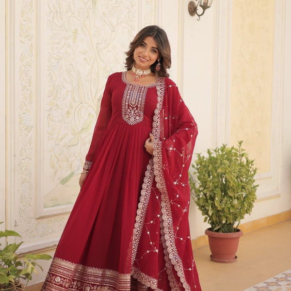 Evanik Red Faux Blooming Gown with Dupatta With Attractive Embroidered Sequins work