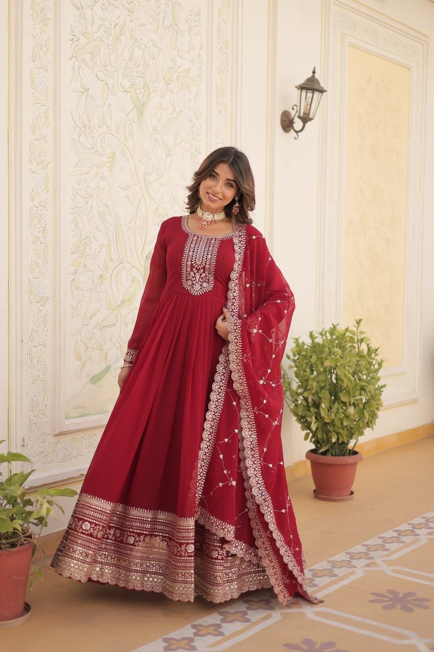 Evanik Red Faux Blooming Gown with Dupatta With Attractive Embroidered Sequins work - Distacart