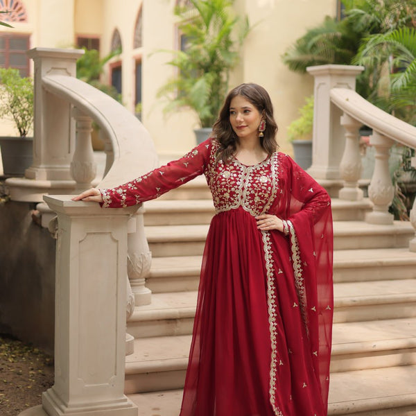 Evanik Maroon Faux Blooming Gown With Dupatta With Sequins-Multi & Zari Embroidered Work