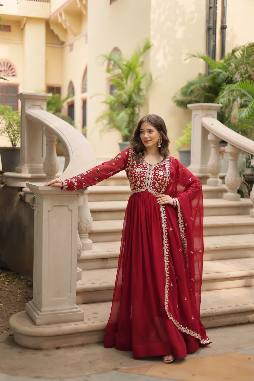 Evanik Maroon Faux Blooming Gown With Dupatta With Sequins-Multi & Zari Embroidered Work - Distacart