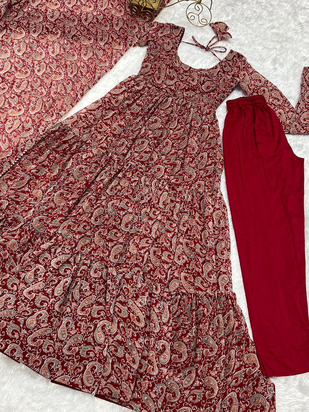 Evanik Maroon Pure Soft Georgette Kalamkari Print Fully Flair Anarkali With Pant Dupatta Set