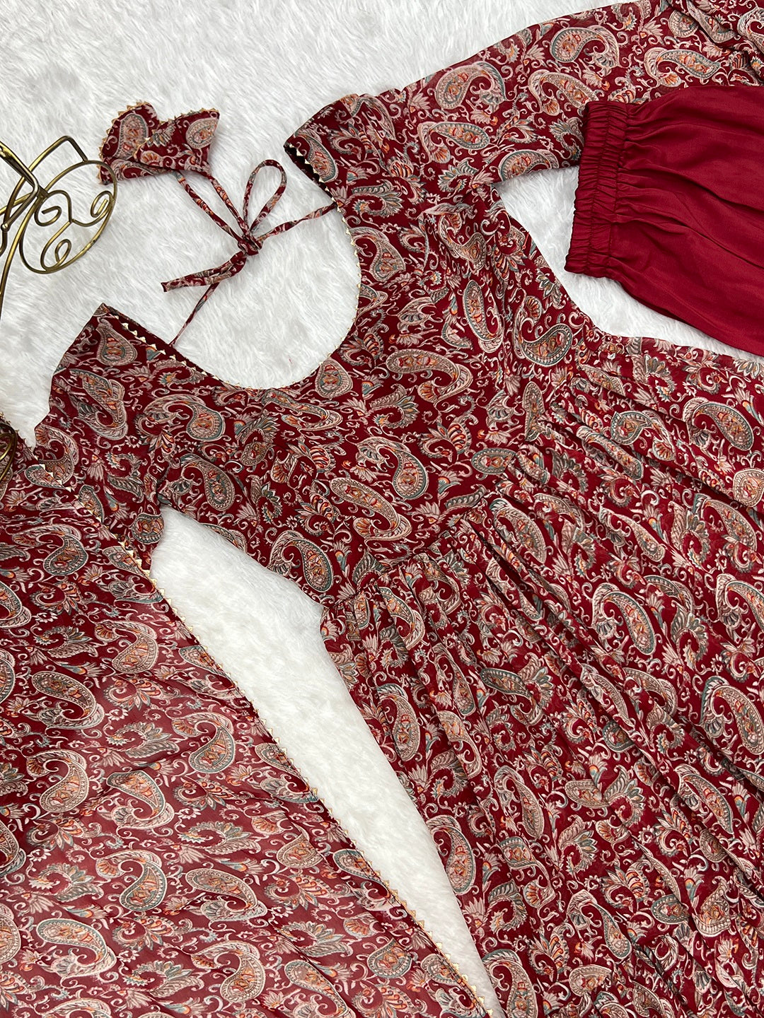 Evanik Maroon Pure Soft Georgette Kalamkari Print Fully Flair Anarkali With Pant Dupatta Set