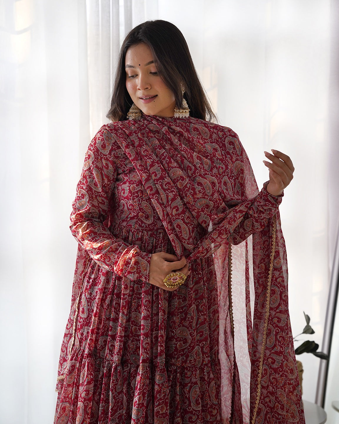 Evanik Maroon Pure Soft Georgette Kalamkari Print Fully Flair Anarkali With Pant Dupatta Set