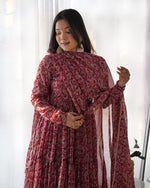 Thumbnail for Evanik Maroon Pure Soft Georgette Kalamkari Print Fully Flair Anarkali With Pant Dupatta Set