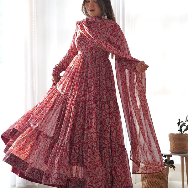 Evanik Maroon Pure Soft Georgette Kalamkari Print Fully Flair Anarkali With Pant Dupatta Set