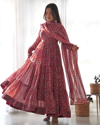 Evanik Maroon Pure Soft Georgette Kalamkari Print Fully Flair Anarkali With Pant Dupatta Set