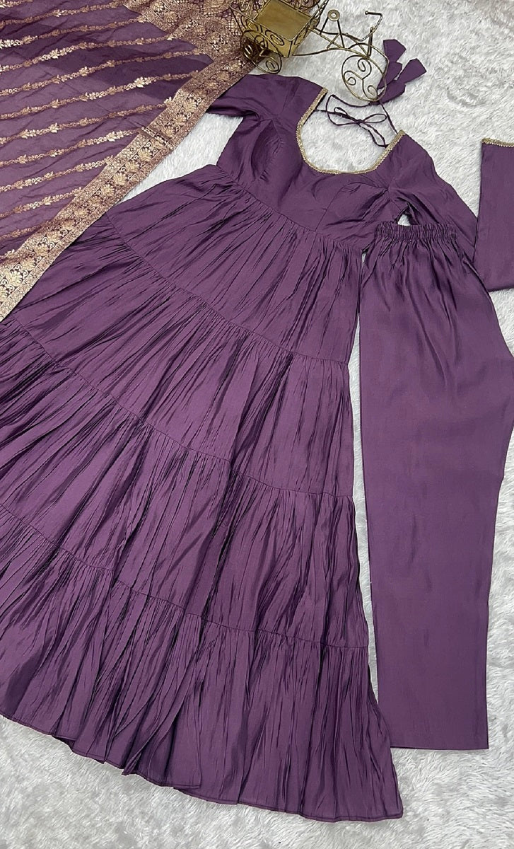 Evanik Mauve Pure Roman Silk Chanderi With Fully Flair Anarkali Pant With Dupatta