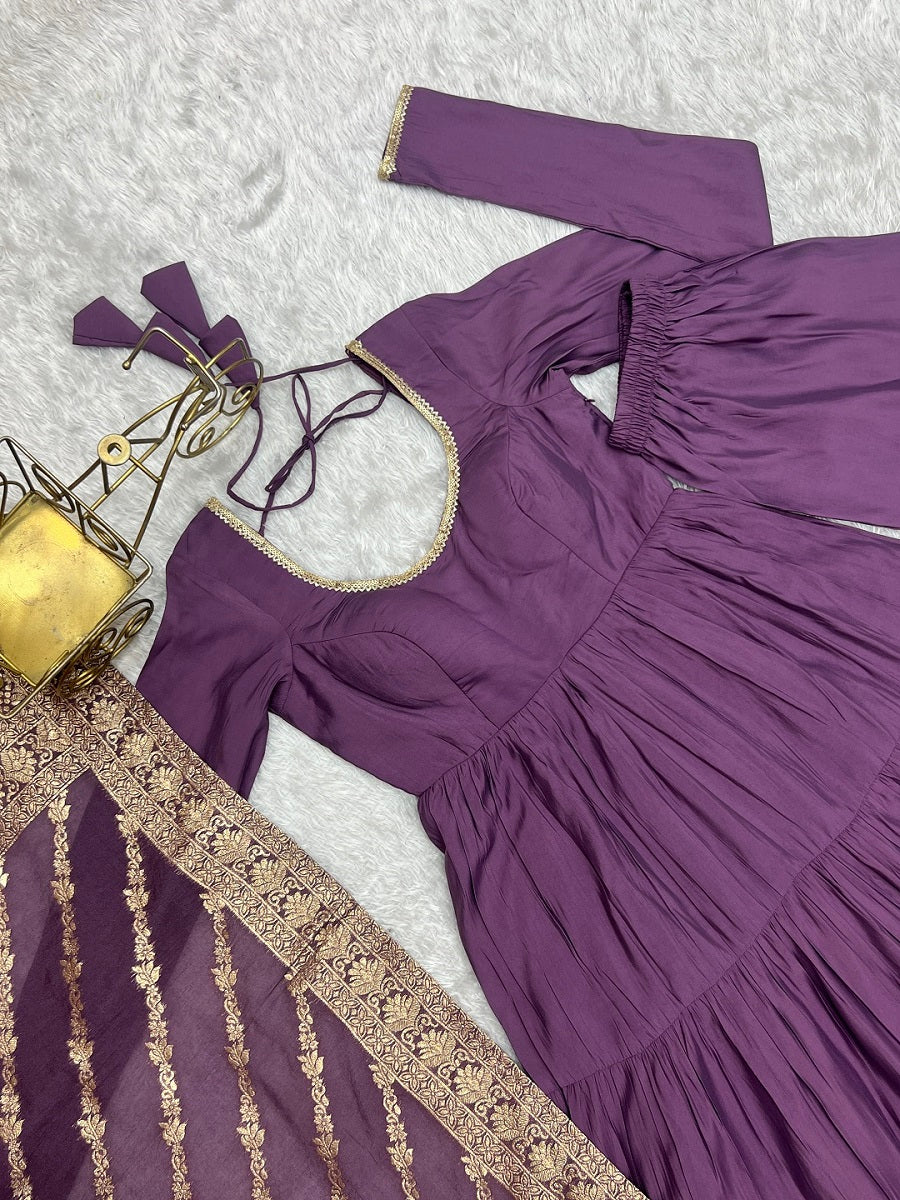 Evanik Mauve Pure Roman Silk Chanderi With Fully Flair Anarkali Pant With Dupatta